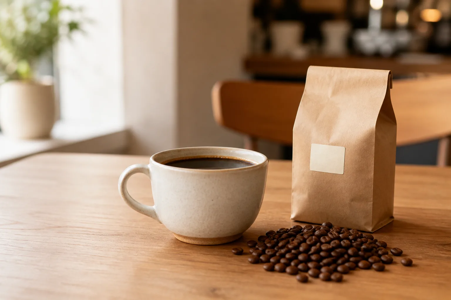 Tasse de café décaféiné avec grains et paquet de café