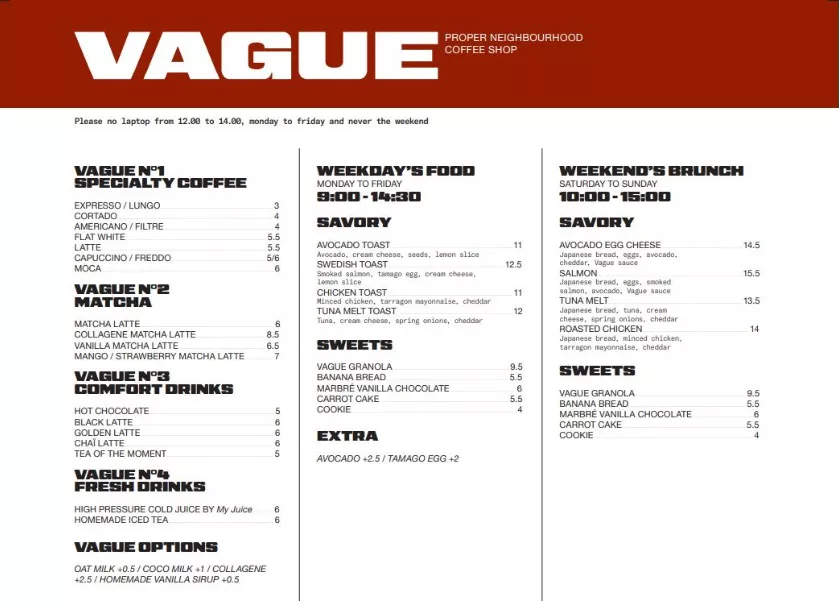 Menu de Vague Coffee